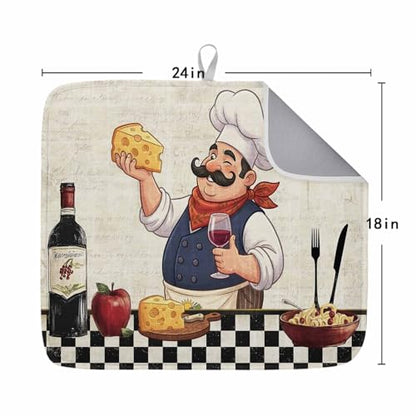 Dish Drying Mat for Kitchen Counter, Smiling Chef Cheese Wine Absorbent Dish Mats Foldable Microfiber Drainer Pad 1PCS 18"x24", Retro Kitchen Art Plate Holder Mat for Countertop Sink Decor - size: 1PCS-18x24in