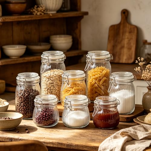 ComSaf 6-Pack 17oz Ribbed Glass Storage Jars with Airtight Clamp Lids, Decorative Wide Mouth Pint Canisters for Jam, Spices, Nuts, Coffee Beans, Snacks, Honey - Kitchen Pantry and Drawer Organization - size: 17oz*6-Ribbed