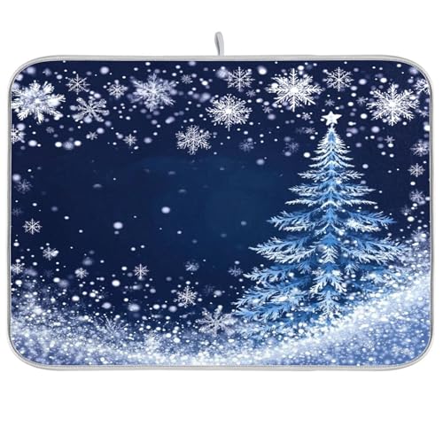 Christmas Tree Blue Dish Drying Mat for Kitchen Countertop 18x24 Winter Snowflake Silver Xmas Large Drying Mat Reusable Quick Dry Dish Sink Mats Easy Clean Decorative Essentials - size: 18x24(in)x1