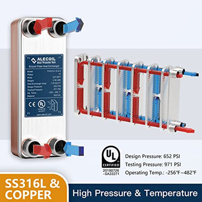 3"x8" 10 Plates Heat Exchanger with 3/4" MPT Port Water to Water 316L Stainless Steel Brazed Plate Heat Exchanger for Water Heating, Floor Heating, Commercial and Industrial Refrigeration - size: 3"X8"-10P