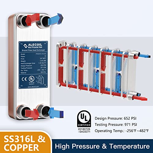 3"x8" 10 Plates Heat Exchanger with 3/4" MPT Port Water to Water 316L Stainless Steel Brazed Plate Heat Exchanger for Water Heating, Floor Heating, Commercial and Industrial Refrigeration - size: 3"X8"-10P