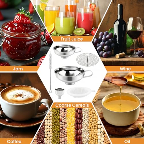 6Pcs Stainless Steel Canning Funnels Set, Wide Mouth Food Canning Funnels for Regular Mason Jar, Kitchen Large Cannin-g Supplies Kit for Filling Bottle(Color:Silver)