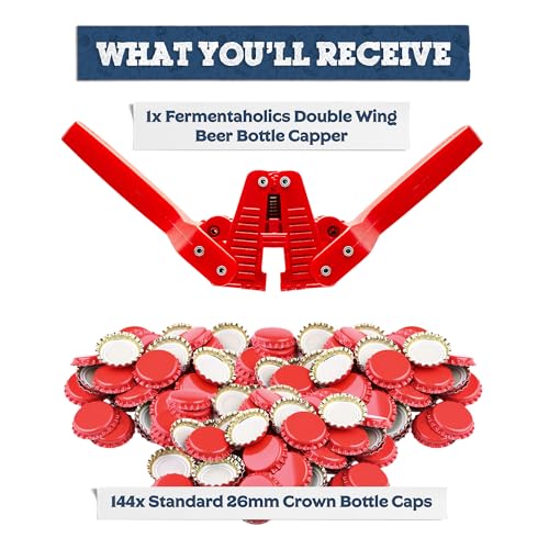 Fermentaholics Beer Bottle Capper & Lid Set – Double Wing Manual Capping Tool with 144 Crown Caps – Fits Standard 12 oz & Homebrew Beer Bottles (Capper & Lid Set -144 Red Crown Caps) - size: Capper & Lid Set -144 Red Crown Caps