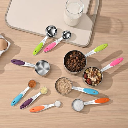 10-Piece Measuring Cups and Spoons Set, 304 Stainless Steel with Color-Coded Handles, Engraved Markings Never Fade, Plastic Free, Dishwasher Safe, Includes 1/8 Cup & 1/4 Tsp