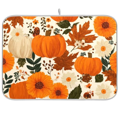 Dish Drying Mat for Kitchen Counter Dish Mat Dish Drainer Mats Kitchen Drying Mat Pad Microfiber Absorbent Reversible 18x24 Inch Beige Pumpkin Flower - color: Beige Pumpkin Flower, size: 24" x 18"