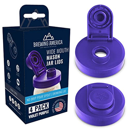 Mason Jar Lids Wide Mouth Plastic 4 pack-USA Made-Flip Cap Screw Top Pour Spout Drink Hole - Leak-proof for Kerr and Ball Canning Jars-Airtight for Drinks to Go and Controlled Pouring-Violet Purple - color: Purple