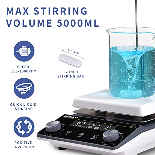 Magnetic Stirrer 5.9 inch Digital Hot Plate Magnetic Stir Plate LCD Max 5L Max Temp.300℃ 100-1600RPM Ceramic Coated Magnetic Mixer with Stir Bar&Temp Probe Sensor,Support Stand Included - size: 5L-2