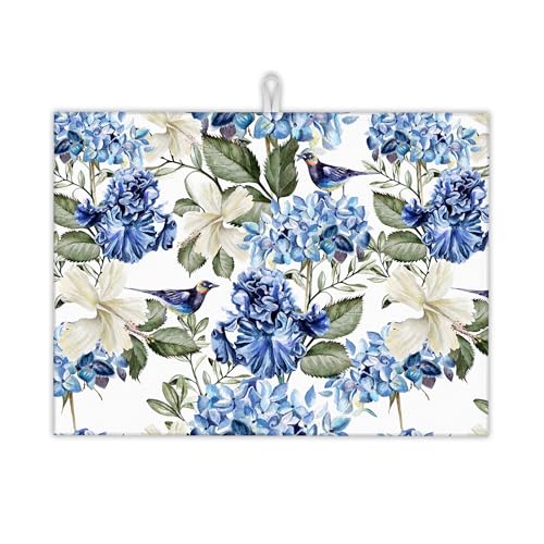 Blue Hydrangea Flowers Dish Drying Mat,Bird Drying Rack Pad Countertop Dishes Ultra Absorbent Microfiber Kitchen Counter Mat for Coffee Countertop Decor 18x24 Inch - color: Blue Hydrangea Flowers Bird