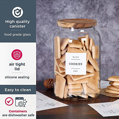 1 Gallon Large Glass Cookie jar with Airtight Acacia lids - Thicken Big Food Storage Containers with 42 Kitchen Waterproof Pantry Labels Preprinted - Clear Glass Canister for Flour, Rice, Coffee