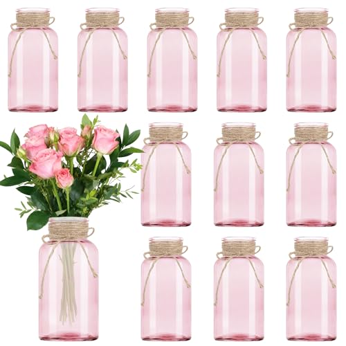 Vintage Glass Flower Vase, Farmhouse Glass Centerpiece Vases Mason Jars for Weddings, Parties & Home Decor Bulk (12, Pink) - color: Pink