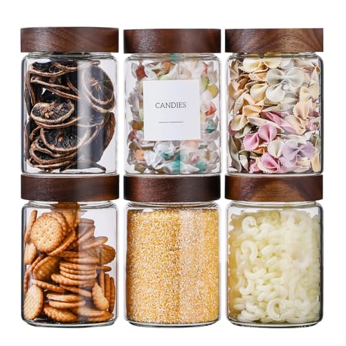 Glass Jars with Wood Lid 27 Oz 6 Pack, High Borosilicate Glass Containers Mason Screw Jars for Kitchen Storage