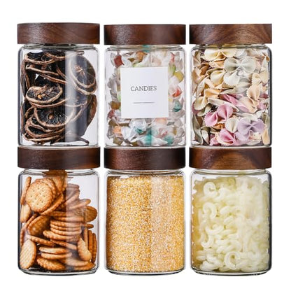 Glass Jars with Wood Lid 27 Oz 6 Pack, High Borosilicate Glass Containers Mason Screw Jars for Kitchen Storage