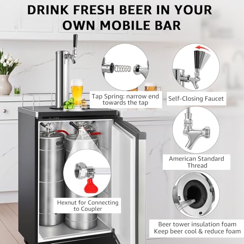 Single Beer tap Tower with 1/4 Barb, 3'' Draft Kegerator Tap Tower Stainless Steel Keg Tower Parts Stainless Core Self-Closing Beer Faucet Brewing Tower Dispenser with Pre-assembled Beer Lines Kit