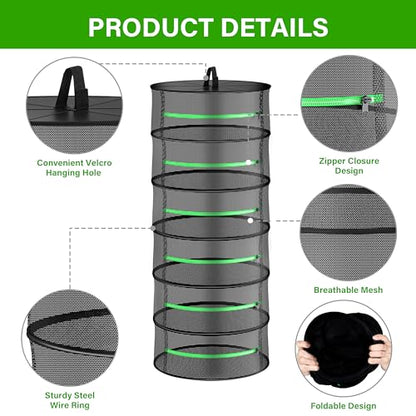 iPower 2ft 6-Layer Herb Drying Rack Breathable Mesh Hanging Dryer with Zippers Foldable Heavy Duty Ring for Garden Plant, Free Storage Bag and Hook Included, 2 Packs - size: 6-Layer