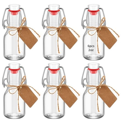 6Pcs Red Lid 2 oz Mini Swing Top Glass Bottles, 60ML Mini Storage Bottles, with Lids Kraft Decoration,Small Glass Bottles,for Wedding Themed Party Favors (6)