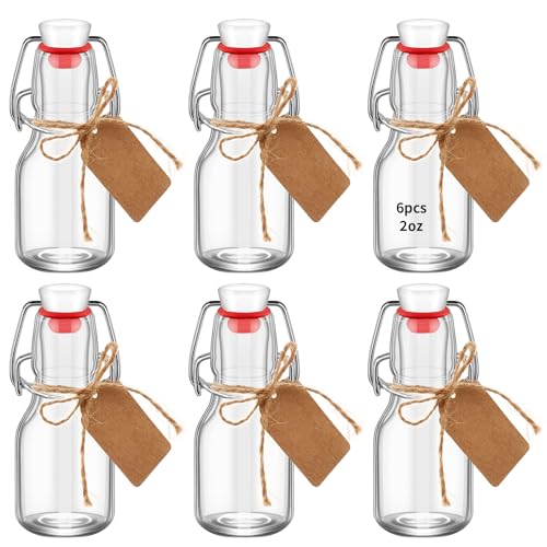 6Pcs Red Lid 2 oz Mini Swing Top Glass Bottles, 60ML Mini Storage Bottles, with Lids Kraft Decoration,Small Glass Bottles,for Wedding Themed Party Favors (6)