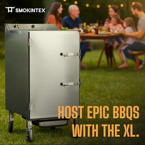 SmokinTex 'The Pitmaster' Series High-Capacity Electric Smoker – 700W Stainless Steel Meat Smoker, Temperature Control for Meat, Seafood, Vegetables, BBQ – Portable with Locking Wheels - size: 107 lbs