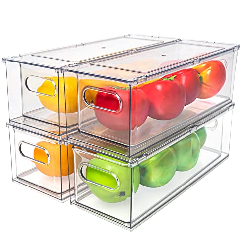 MANO Fridge Drawer Pull Out Stackable Bins with Handle Clear Refrigerator Drawers Organizer Food Storage Container Box Plastic Produce Saver for Pantry, Cabinet, Kitchen, Clothes（4Pack） - style: 4L