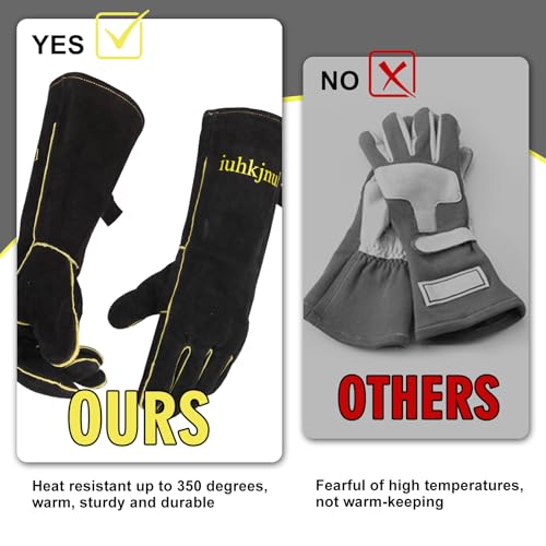 Fireplace Gloves Fire Heat Resistant: Fireproof Leather for Fireplace Fire Pit Wood Stove Campfire Furnace (M) - color: Black, size: Medium