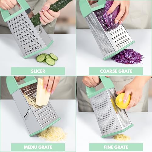 Urbanstrive Cheese Grater With Container, Professional Cheese Grater with Handle, Stainless Steel Graters for Kitchen Handheld, Box Grater with 4 Sides for Vegetables, Ginger, Potatoes (Mint Green) - color: Mint Green