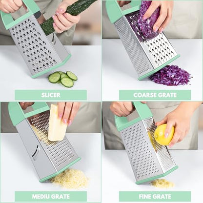 Urbanstrive Cheese Grater With Container, Professional Cheese Grater with Handle, Stainless Steel Graters for Kitchen Handheld, Box Grater with 4 Sides for Vegetables, Ginger, Potatoes (Mint Green) - color: Mint Green