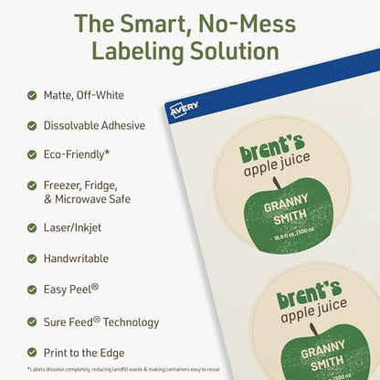 Avery Dissolvable Round Labels, Sure Feed Technology, 3" Diameter, Matte White, Print-to-The-Edge, Laser/Inkjet Printable, 150 Labels Total - style: 150 labels