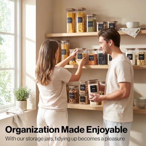 EDELHAUS Glass Storage Containers with Acacia Lids and Labels - Set of 5 | Extra Thick Square Glass Canisters with Acacia Wood Lids and 54 Pre-printed Pantry Labels keeps dry Goods Fresh and Organized