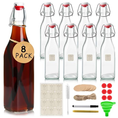 Ruckae Square Swing Top Glass Bottles with Lids Kombucha Coquito Flip Top Glass Bottle for Syrup Vanilla Extract Brew Beer Kefir Air Tight Bottles for Gift (16 oz 8 pack) - size: 16 oz 8 pack