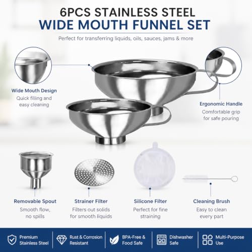 Stainless Steel Funnel Set, Wide Mouth Canning Funnel, Metal Kitchen Funnels for Jar Bottle Filling Canning Supplies