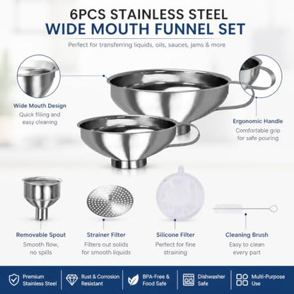 Stainless Steel Funnel Set, Wide Mouth Canning Funnel, Metal Kitchen Funnels for Jar Bottle Filling Canning Supplies