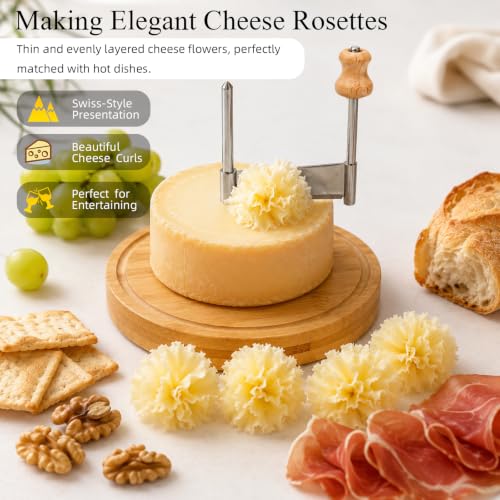 Girolle Cheese Curler Cheese Shaver for Tete de Moine & Chocolate | Stainless Steel Cheese wheel with Solid Wood Base, Swiss-Style Cheese Flower Curler for Charcuterie Boards, Butter, Desserts