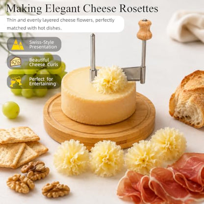 Girolle Cheese Curler Cheese Shaver for Tete de Moine & Chocolate | Stainless Steel Cheese wheel with Solid Wood Base, Swiss-Style Cheese Flower Curler for Charcuterie Boards, Butter, Desserts