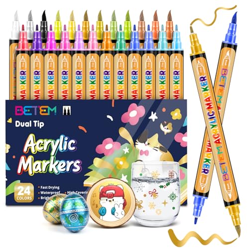 Betem Dual Tip Acrylic Paint Pens, 24 Metallic Paint Markers for Glass, Window, Fabric, Wood, Rock, Canvas, Acrylic Markers with Fine & Brush Tip, Art & Craft Supplies, Teacher Appreciation Gift - color: 24 Metallic