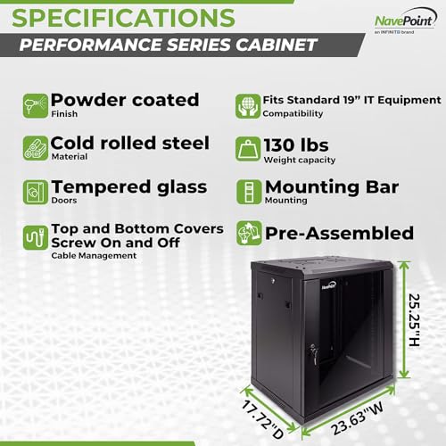 NavePoint 12U Server Cabinet Wall Mount Rack Enclosure Includes 2 Fans, Locking Glass Door, Removable Side Panels – 12U Network Cabinet 17.7” Deep, 19 Inch Server Rack for IT and A/V Equipment - size: 12U - 450mm Depth