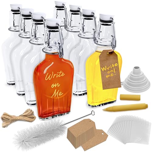 Nevlers 8.5 Oz Glass Flask for Women & Men 8 Pack Hidden Flask for Men | Flip Top Glass Bottles with Airtight Lid , Funnel, Tags, Wraps, Brush & Marker | Use as Vanilla Extract Bottle with Stopper