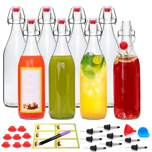 8 Pack 32oz Swing Top Glass Bottles,Flip Top Brewing Bottle with Airtight Stopper Lids, for Juice, Water, Kombucha, Wine, Beer Brewing, Kefir Milk or Eggnog(Bonus Gaskets and Funnel)