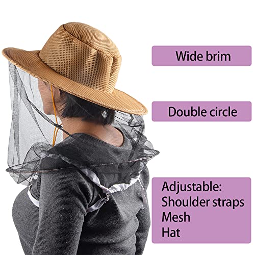 2 in 1 Beekeeping Beekeeper hat and Bee Gloves Insect Bug Mosquito Netting mesh Veil Hood Costumes for Men Women - color: Khaki