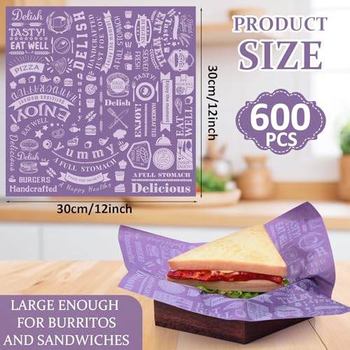 Outus 600 Pcs 12 x 12 Inch Deli Wax Paper Sheets Grease Resistant Tray Basket Liners Newsprint Paper Water and Grease Proof Sandwich Wrapping Square Hot Dog Wrappers for Food Baking (Dark Purple) - color: Dark Purple