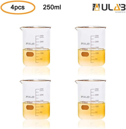 ULAB Scientific Glass Beaker Set, Vol. 250ml, 3.3 Borosilicate Griffin Low Form with Printed Graduation, Pack of 4, UBG1015 - style: Vol.250ml,Pack of 4