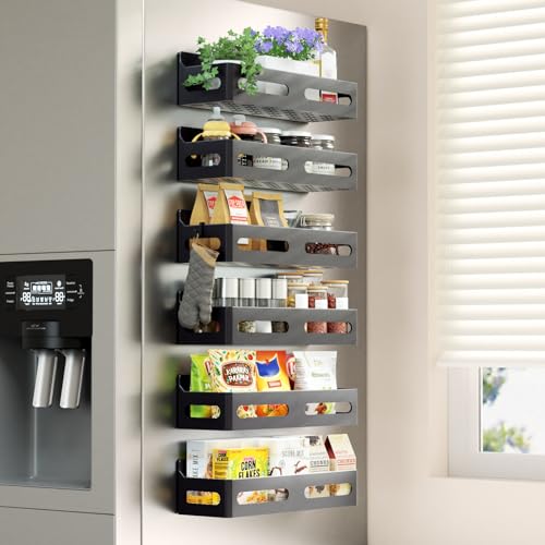 Sevenblue 6-Pack Magnetic Spice Rack for Refrigerator with Hooks, Black | Strong multipurpose magnetic shelf for kitchen & bathroom organization. Includes 4 removable hooks for hanging items. - color: Black, size: 6 Pack