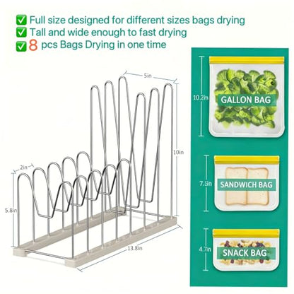 Plastic Bag Drying Rack, Reusable Bag Drying Rack for Silicone Bag & Ziploc Bag, Bottle Dryer Rack for Gloves & Glasses, Pan Lid & Cutting Board Organizer