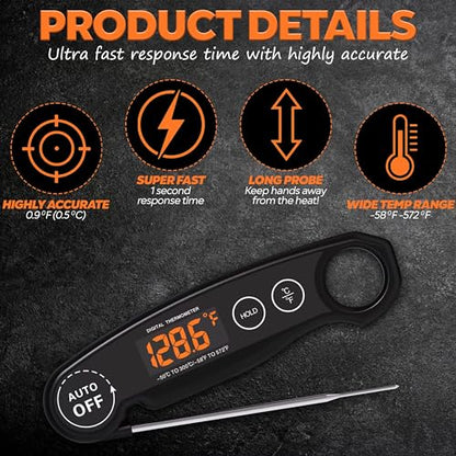 Instant Read Food Thermometer Rechargeable Meat Thermometer Digital Kitchen Thermometer - Fast & Accurate Food Thermometer for Cooking, Grill Thermometer, Birthday Gift for Husband, Dad, Men
