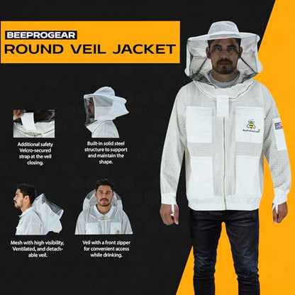 3-Layer Ventilated Mesh Bee Jacket for Men & Women with Veils Sting-Proof Beekeeping Jacket with Leather Gloves & Bag - color: White Round Veil, size: 4X-Large