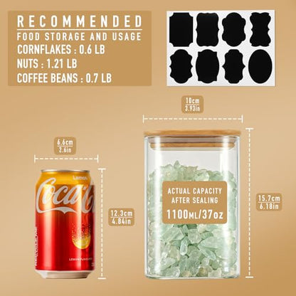 D2scrma 37oz Airtight Glass Square Storage Canisters with Bamboo Lid Set of 6 (1100ml) Stackable Containers, Kitchen Jars for Pantry Noodles, Flour and Coffee beans (‎with Black Lable) - size: 37oz*6