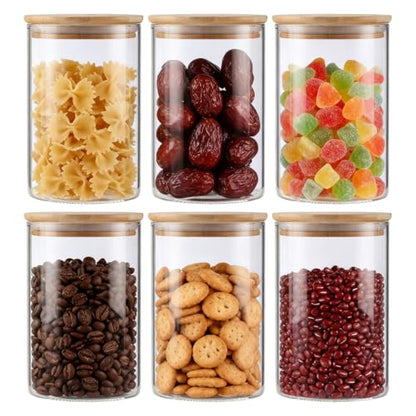 6-Pack Glass Storage Jars with Bamboo Lids Single 32 fl oz/950ml, Glass Canister Set, Airtight Containers for Kitchen Dry Goods, Coffee, Tea, Sugar,Flour,Candy, Cookie, Pasta - color: clear-round-6pcs-32oz