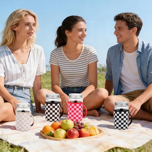 KJQJLY 4 Pcs Mason Jars Sleeves Neoprene 32oz Regular and Wide Mouth Mason Jar Sleeves Holder with Handle (Checkered, 32 OZ) - color: Checkered, size: 32 OZ