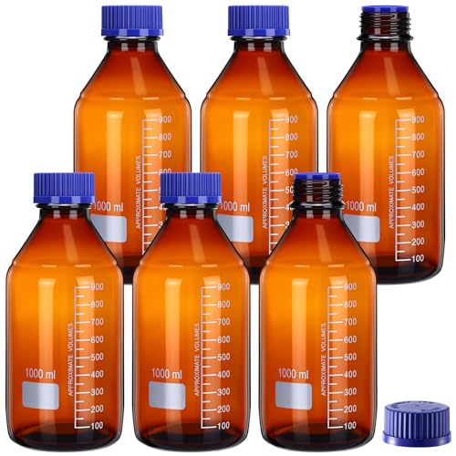 Tellegloww 6 Pieces 1000 ml Reagent Media Bottles Amber Glass Graduated Round Lab Reagent Media Storage Bottle with Blue Screw Cap - size: 1000ml