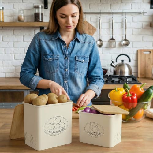 Lifewit Onion and Potato Storage Bin with Aerating Holes and Lid, Stackable Garlic Keeper, Plastic Vegetable Container Box for Kitchen, Beige, Set of 2 - color: Beige