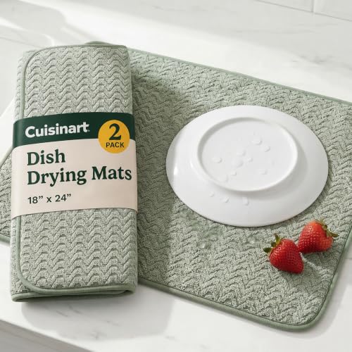 Cuisinart Dish Drying Mat for Kitchen Counter - 2-Pack XL 18x24 Ultra Absorbent Microfiber Dish Mat - Fast Drying, Machine Washable, Foldable Countertop Pad - Safe for Granite & Quartz - color: Geostripe Sage