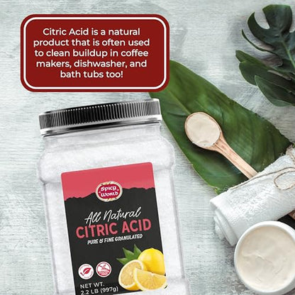 Citric Acid 2.2 LB Jar - Pure, All Natural, Food Grade, Non-GMO Citric Acid Powder for Cleaning, Bath Bombs, Preserving | Fine Granular & Premium Quality by Spicy World